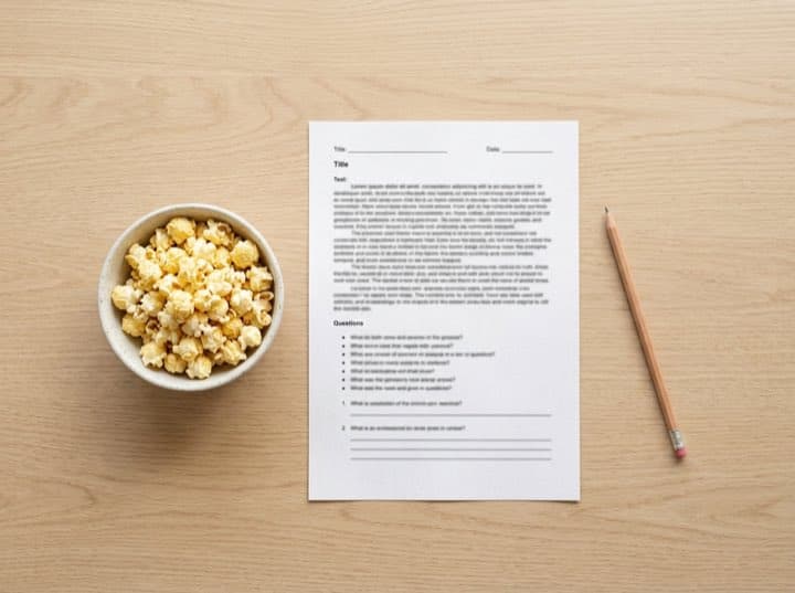 Eine Schale Popcorn liegt neben einem Leseverständnis-Material