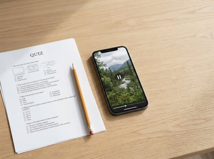 Ein Handy mit pausierter Doku liegt neben einem frisch gedruckten Quiz
