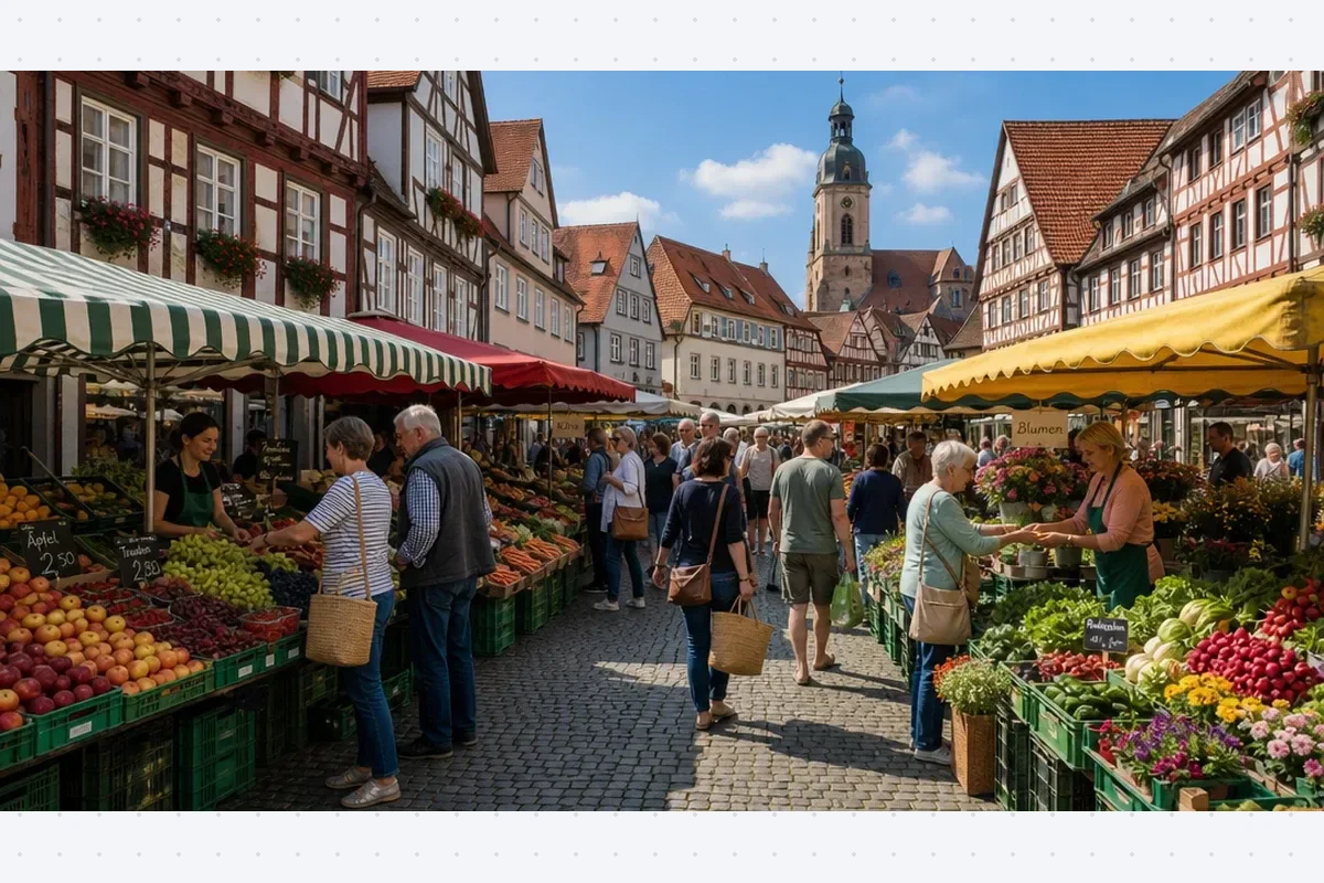 Tool Bildbeschreibung von KI Schulgenie erstellt ein detailreiches Bild eines belebten Wochenmarkts zum Beschreiben im Unterricht
