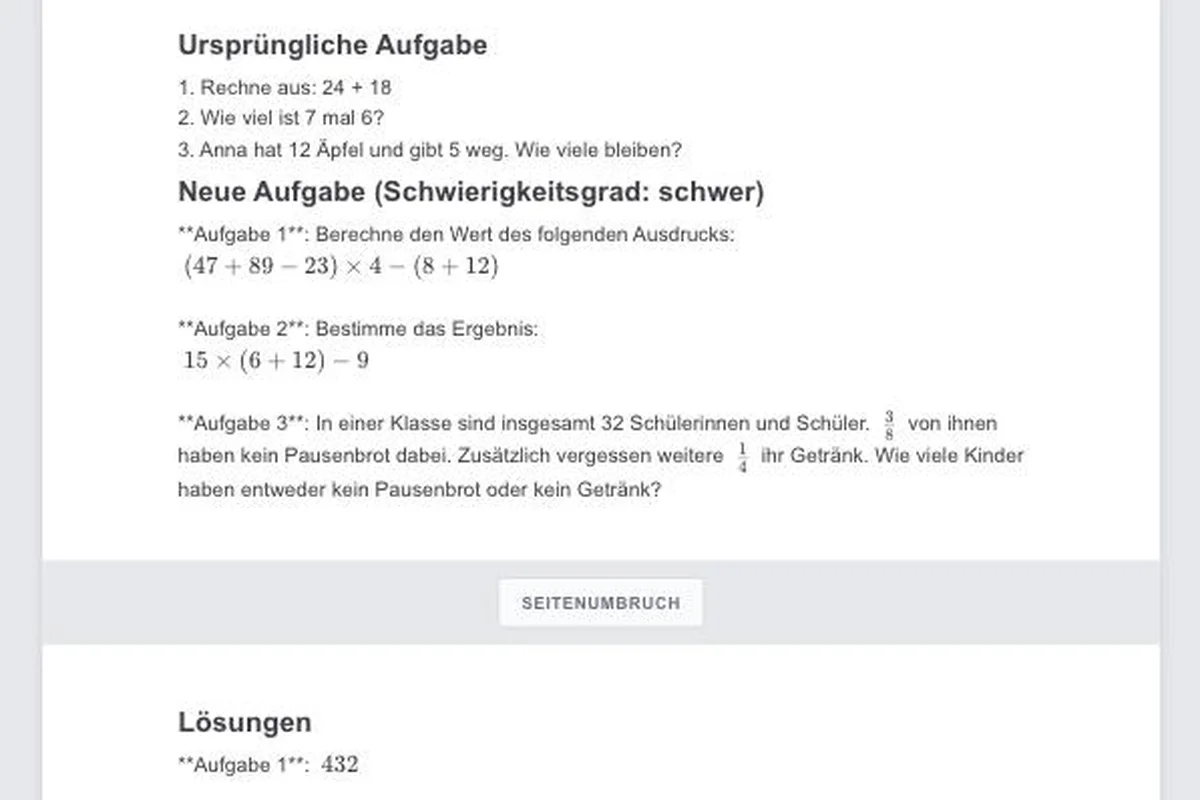 Schwierigkeitsregler von KI Schulgenie mit einer Matheaufgabe in einer leichteren und einer schwereren Fassung