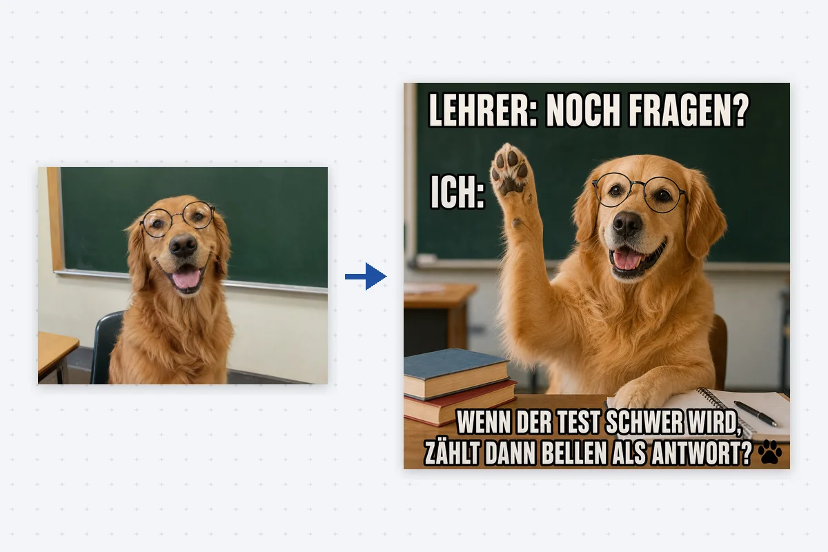 Meme Generator von KI Schulgenie erstellt aus einem hochgeladenen Bild ein lustiges Meme für den Unterricht
