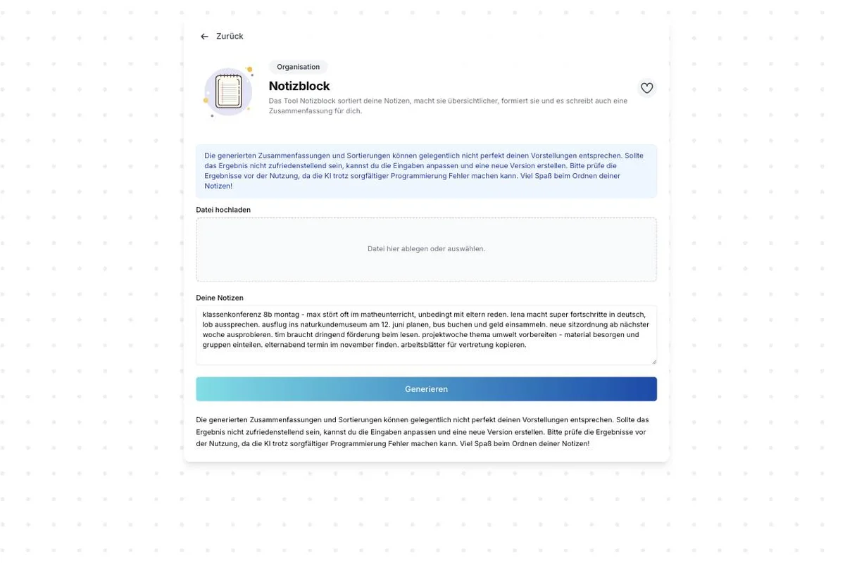 Notizblock: die Eingabemaske, mit einem echten Beispiel ausgefüllt