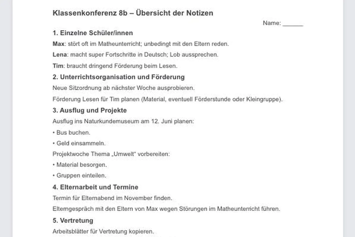 Tool Notizblock von KI Schulgenie ordnet unsortierte Konferenznotizen in klare Kategorien und schreibt eine Zusammenfassung der wichtigsten Punkte