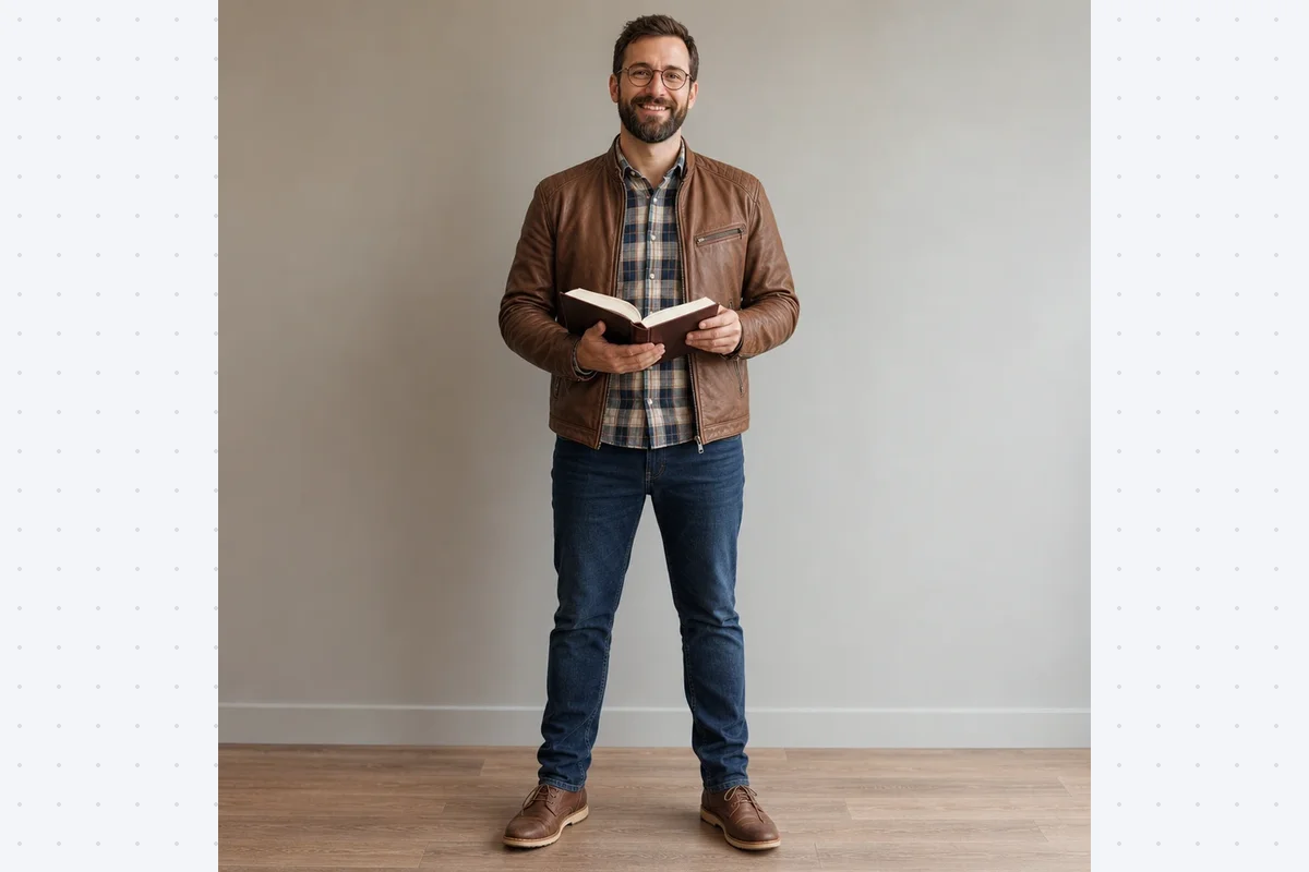 Tool Personenbeschreibung von KI Schulgenie erstellt aus einer geschriebenen Beschreibung das Bild eines freundlichen Mannes mit Brille und Lederjacke