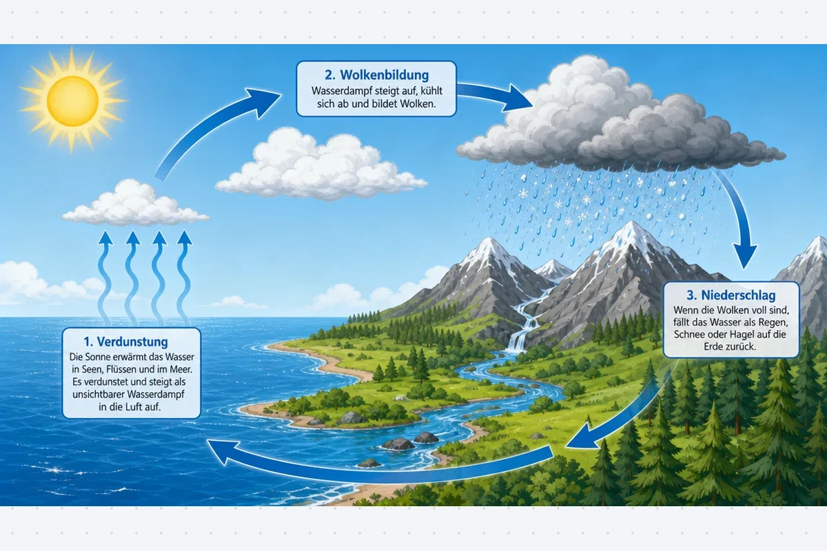 Visualisierer von KI Schulgenie erstellt ein beschriftetes Schaubild des Wasserkreislaufs mit Kreislauf-Pfeilen