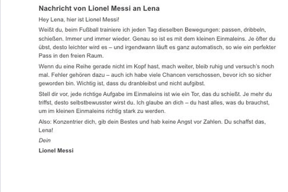 Idol-Tool von KI Schulgenie erstellt eine motivierende Nachricht im Stil von Lionel Messi an die Schülerin Lena zum Üben des kleinen Einmaleins