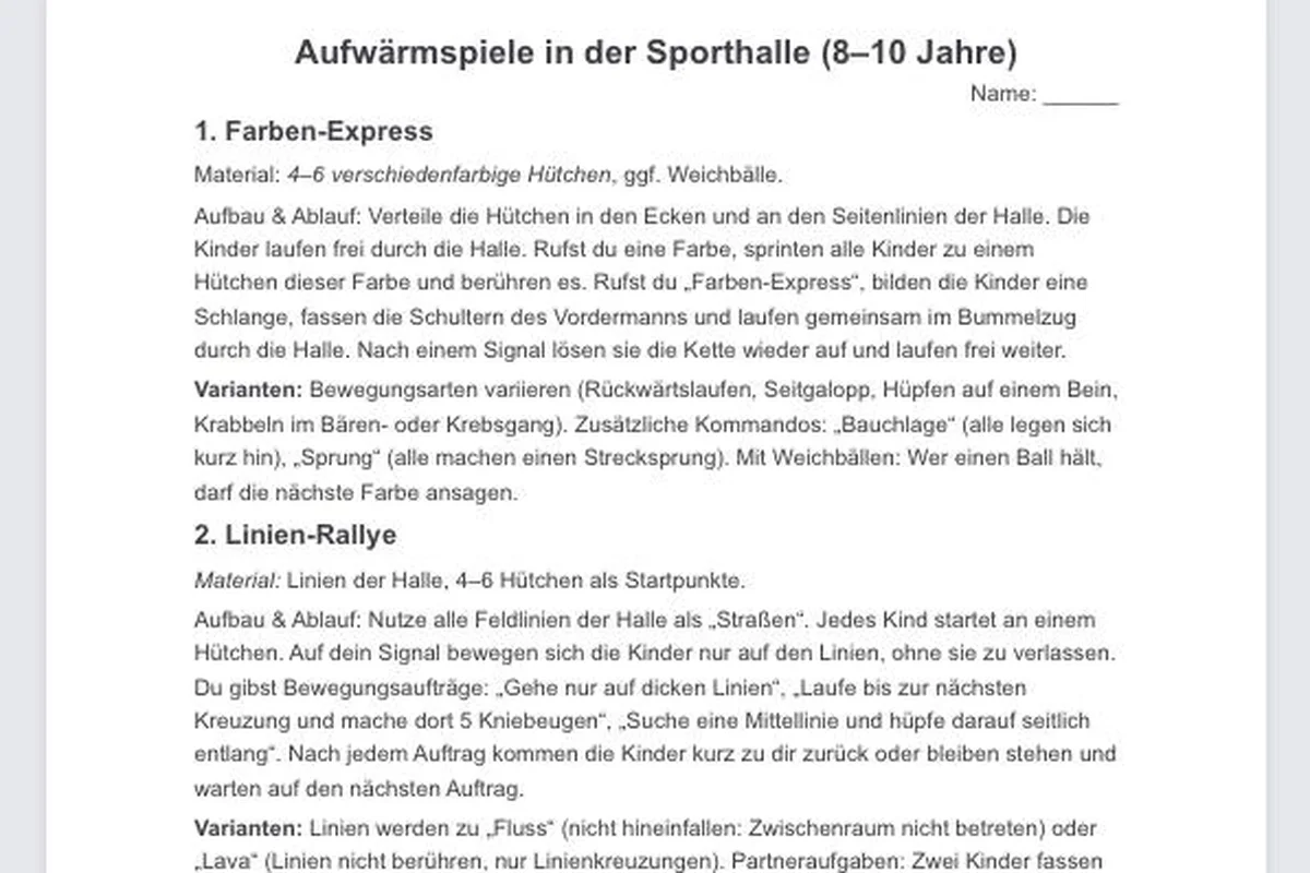 Turnhalle-Tool von KI Schulgenie erstellt kreative Aufwärmspiele für den Sportunterricht mit Material, Aufbau und Varianten für 8 bis 10 Jahre