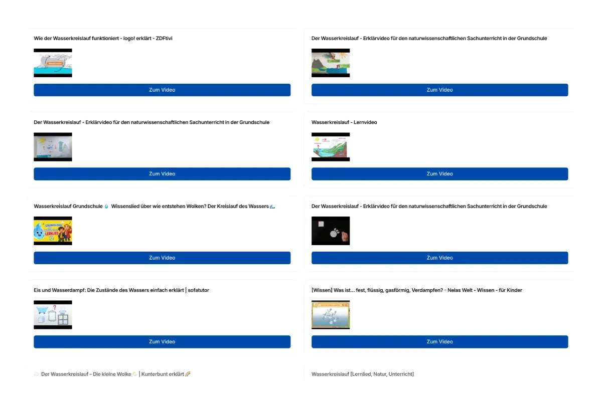 Video Finder mit passenden Video-Vorschlägen zu einem Unterrichtsthema für eine Klassenstufe
