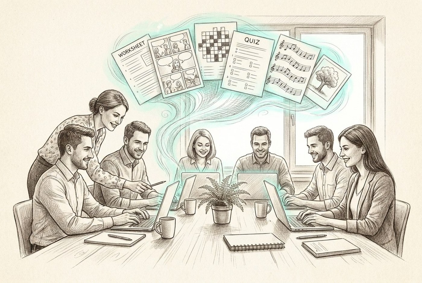 Bleistift-Zeichnung: ein Kollegium sitzt mit Laptops um einen Tisch und arbeitet selbst, die Referentin hilft direkt am Bildschirm, über dem Tisch schweben fertige Arbeitsblätter, Comics, Rätsel und Hörübungen